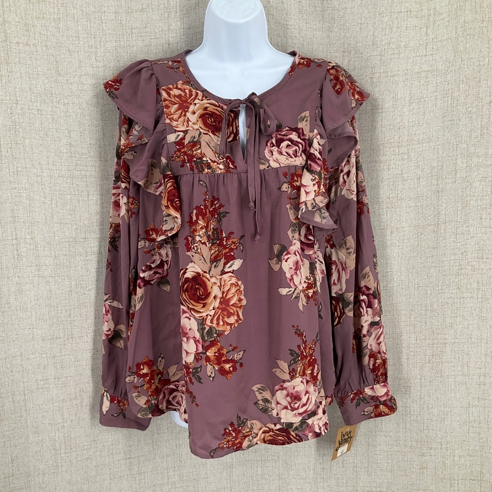 Ivy‎ Jane Blouse Women XL Mauve Floral Rose Ruffle Boho Cottagecore Flowy NEW